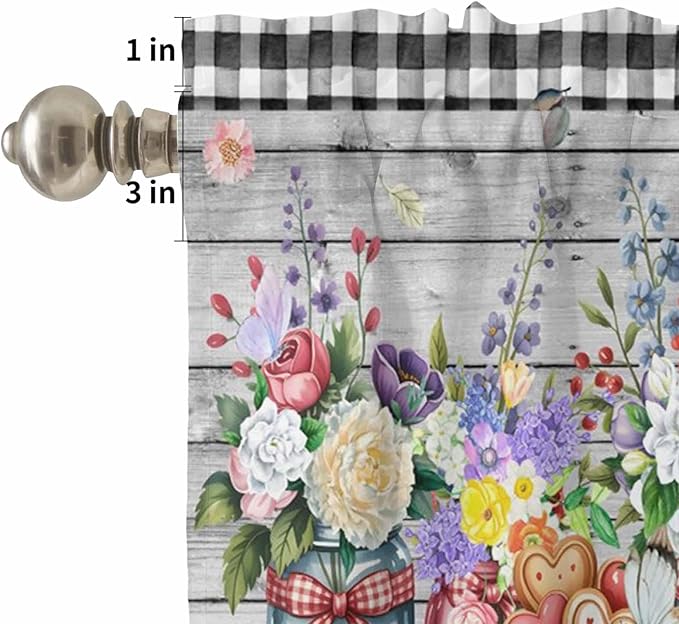 Kitchen Curtains Tiers and Valance Set of 3, Spring Flowers Light Filtering Window Curtain Set, Farmhouse Black Plaid Wood Grain Rod Pocket Curtain Drapes for Cafe, Living Room, 24 Inches Tiers