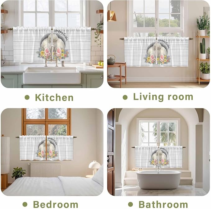 Easter Bunny Kitchen Tier Curtains 24 Inch Long 2 Panel Set,Rod Pocket Cafe Small Window Curtains Over Sink,3D Optical Illusion Farmhouse Flower Wood Grain Light Filtering Short Drapes 27.5"W x 24"L