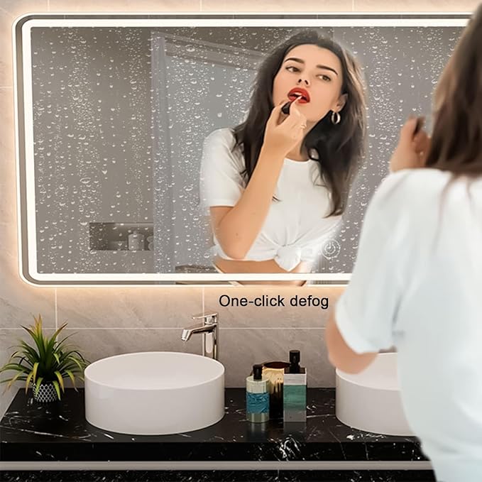 Smart Lighted Bathroom Mirror for Wall，Illuminated LED Bathroom Mirror，Lighted Bathroom Makeup，Waterproof，Shatterproof，with Touch Sensor/Dimming/Demister pad(H70*W90cm/H27.6*W35.4IN)