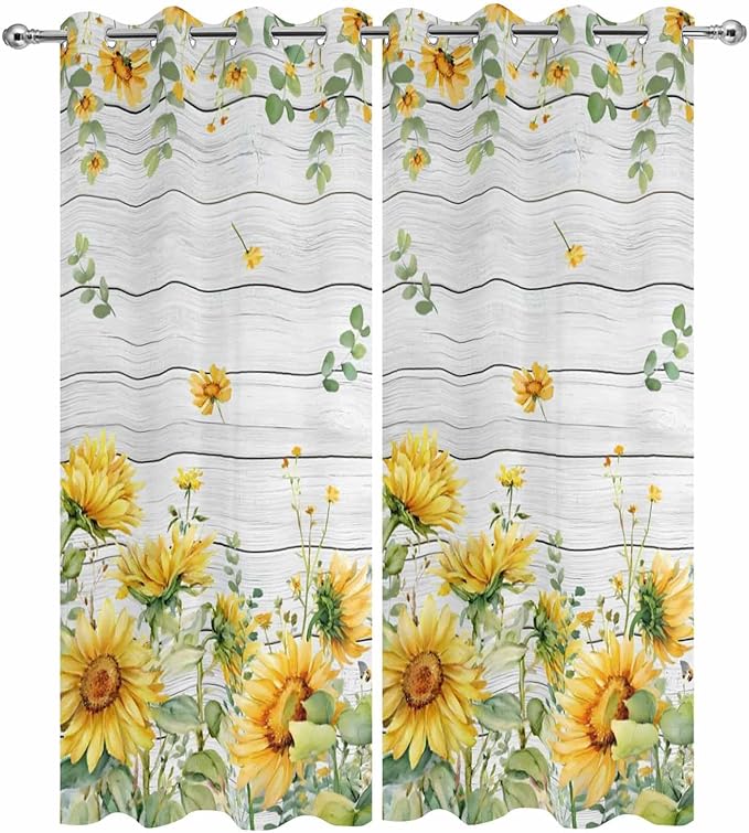 Sunflowers Outdoor Curtains for Patio Summer Floral Eucalyptus Leaf Wood Plank Waterproof Outside Curtains with Grommet Top Weatherproof Curtain for Cabana Pergola Gazebo, 2 Pack, 54" W x 108" L