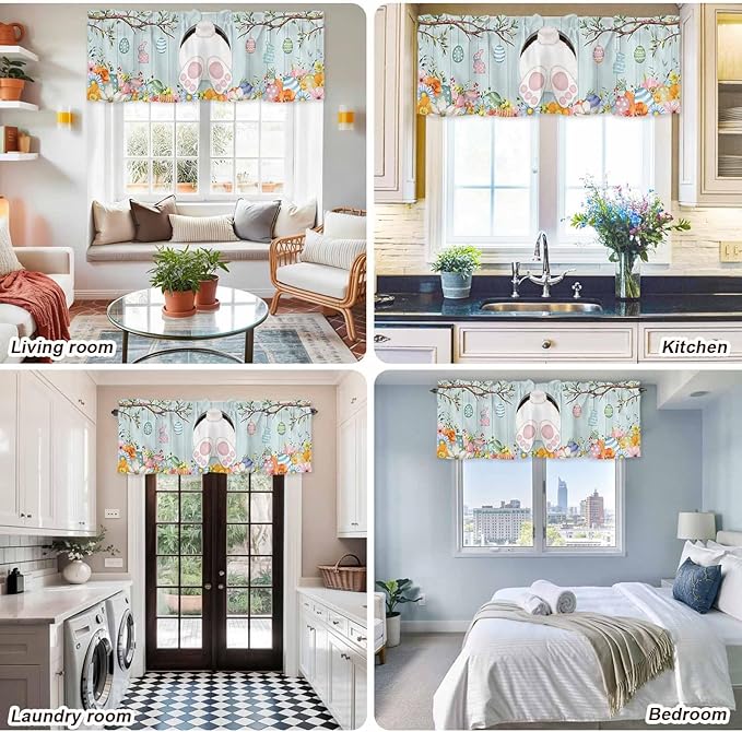 Easter Bunny Curtain Valances for Windows, Kitchen Valance Window Treatment, Easter Eggs Spring Farmhouse Wood Grain Teal Blue Light Filter Block Curtains for Bathroom/Bedroom/Living Room 42'' x 18''