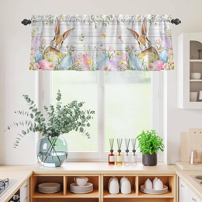 Kitchen Curtains Tiers and Valance Set of 3, Easter Light Filtering Window Curtain Set, Rustic Spring Bunny Eggs Botanical Grey Wooden Rod Pocket Curtain Drapes for Cafe, Living Room, 36 Inches Tiers