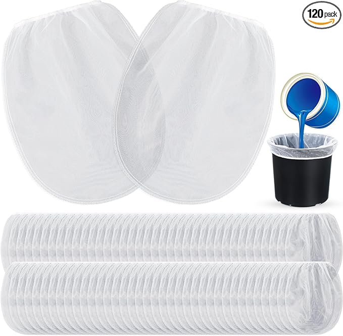 Boao 120 Pieces Paint Strainer Bags White Fine Mesh Filters Bag Bucket Elastic Opening Strainer Bags Hydroponic Paint Filter Bag for Paint Gardening (1 Gallon)