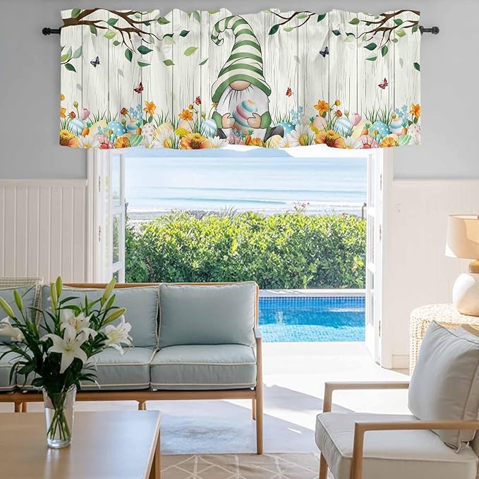 Easter Gnomes Curtain Valances for Windows, Kitchen Valance Window Treatment, Spring Watercolor Eggs Flower Wood Grain Light Filtering Block Curtains for Bathroom/Bedroom/Living Room 54'' x 18''