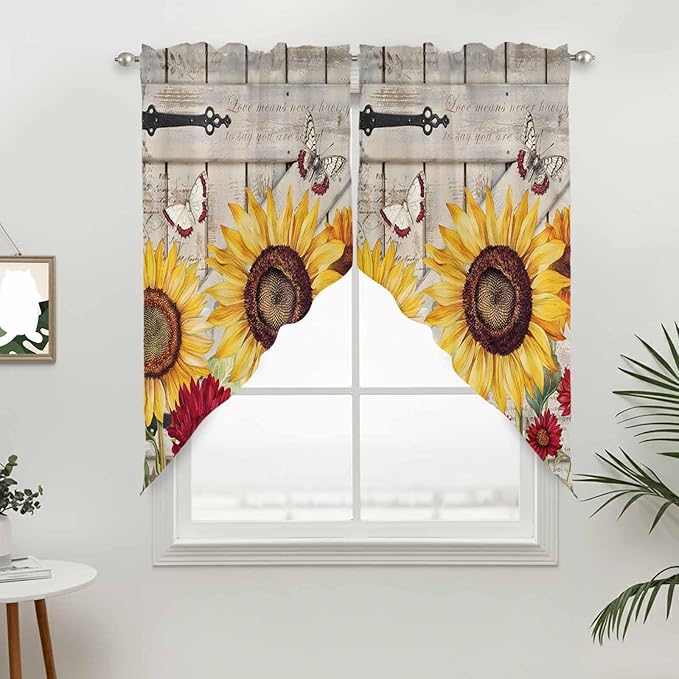 Red Yellow Sunflowers Swag Valances for Windows, Retro Rustic Barn Doors Butterfly Brown Rod Pocket Kitchen Curtains Valance, Small Window Curtains Swag for Cafe Living Room, 2 Panels, 36x36 inch