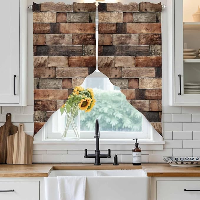 Western Barn Door Swag Valances for Windows, Vintage Farmhouses Wooden Door Brown Rod Pocket Kitchen Curtains Valance, Kitchen Window Curtains Swag for Cafe Bathroom Living Room, 2 Panels, 36x45 inch