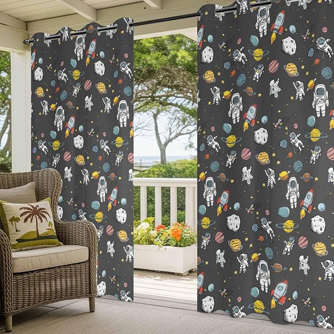 Cartoon Space Outdoor Curtains for Patio Rockets Planets Astronauts Gray Waterproof Outside Curtains with Grommet Top Weatherproof Curtain for Cabana Pergola Gazebo, 1 Panel, 54" W x 95" L