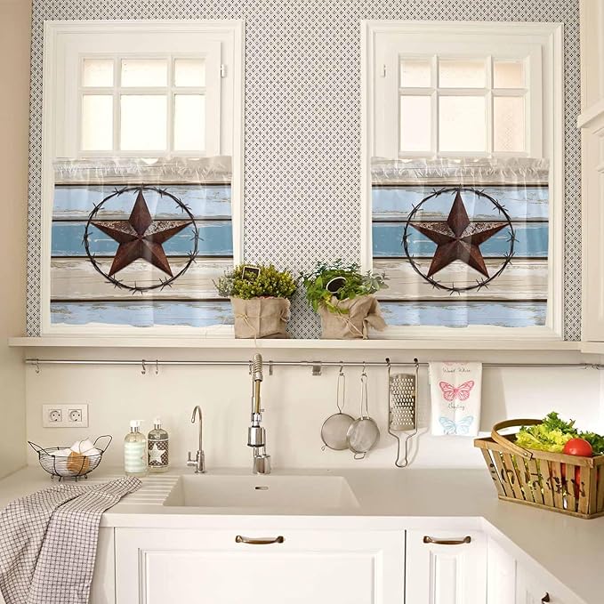 Vintage Western Star on Wood Grain Window Valance Curtains, Retro Wooden Texture Light Filtering Kitchen Valance with 3-inch Rod Pocket for Living Room Bathroom Bedroom,2 Panel,27.5x24In