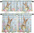 Kitchen Curtains Tiers and Valance Set of 3, Easter Light Filtering Window Curtain Set, Spring Rabbit Eggs Seasonal Flowers Blue Lattice Rod Pocket Curtain Drapes for Living Room, 24 Inches Tiers