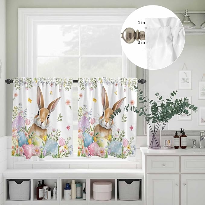 Kitchen Curtains Tiers and Valance Set of 3, Easter Light Filtering Window Curtain Set, Spring Rabbit Colorful Eggs Budding Florals Leaf Rod Pocket Curtain Drapes for Living Room, 24 Inches Tiers