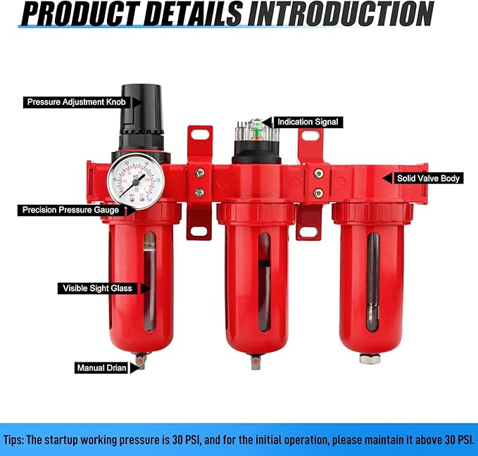 3 Stage Aluminium Air Drying System 1/4" NPT,Coalescing Filter, Particulate Filter, Desiccant Dryer and Air Regulator, Manual Drain, Mid Flow, For Plasma Cutter and Paint Spray