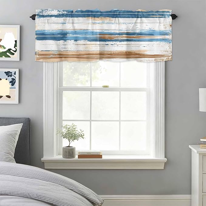 Vintage Blue Valances for Windows, Brown Wood Grain Mottled Texture Abstract Art Kitchen Valance Light Filtering Rod Pocket Short Curtains for Kitchen Bathroom, 1 Panel, 54"x18"