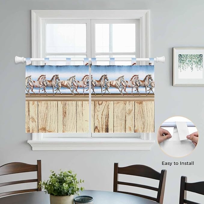 Western Horse Kitchen Curtains 36 Inch Length, Small Window Curtains Tab Top, Farmhouse Wooden Grain Vintage Cowboy Barn Door Light Filtering Short Window Treatments Tier Drapes 27.5"x36" 2 Panel