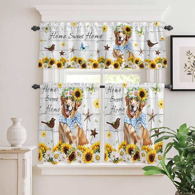 Kitchen Curtains Tiers and Valance Set of 3, Sunflowers Dog Light Filtering Window Curtain Set, Spring Watercolor Floral Stars Wood Grain Rod Pocket Curtain Drapes for Living Room, 36 Inches Tiers