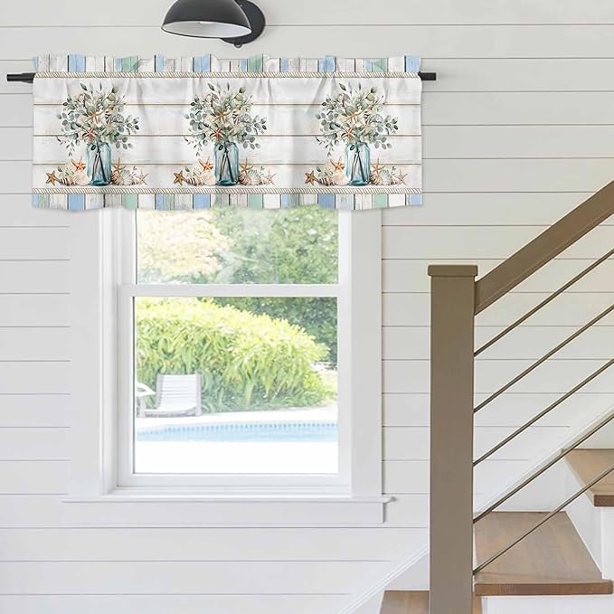 Kitchen Valances for Window, Ocean Starfish Conch Shell Eucalyptus Light Filtering Rod Pocket Valance Curtain, Colorful Wood Grain Short Curtains Window Topper for Bedroom Living Room 42x12in