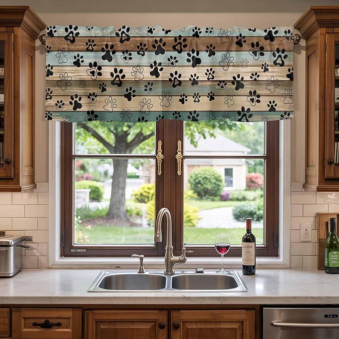 Dog Paws Valance Curtains for Kitchen, Teal Brown Wood Grain Privacy Rod Pocket Valance Curtain, Light-Filtering Window Treatment for Bedroom Bathroom, 42"x12"