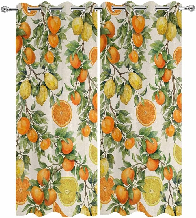 Lemons Yellow Orange Summer Plant Linen Outdoor Curtains for Patio Waterproof Outside Curtains with Grommet Top Weatherproof Curtain for Cabana Pergola Gazebo, 2 Pack, 54" W x 95" L