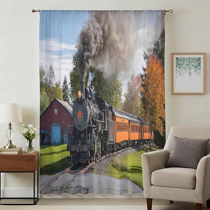 Steam Train Sheer Curtains 84 Inch Length Railroad Country Barn Rustic Trees Farmhouse Chiffon Curtain for Bedroom Living Room Light Filtering Rod Pocket Window Treatments Voile Curtains Drapes