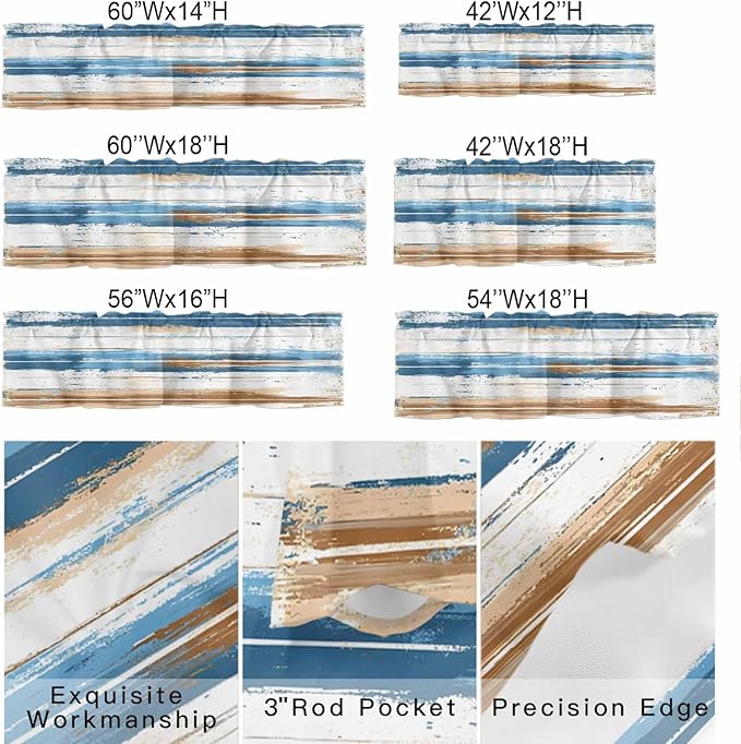 Vintage Blue Valances for Windows, Brown Wood Grain Mottled Texture Abstract Art Kitchen Valance Light Filtering Rod Pocket Short Curtains for Kitchen Bathroom, 1 Panel, 54"x18"
