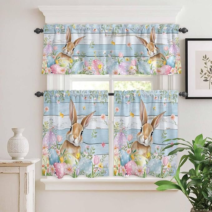 Kitchen Curtains Tiers and Valance Set of 3, Easter Light Filtering Window Curtain Set, Farmhouse Spring Rabbit Eggs Flowers Wooden Board Rod Pocket Curtain Drapes for Living Room, 24 Inches Tiers