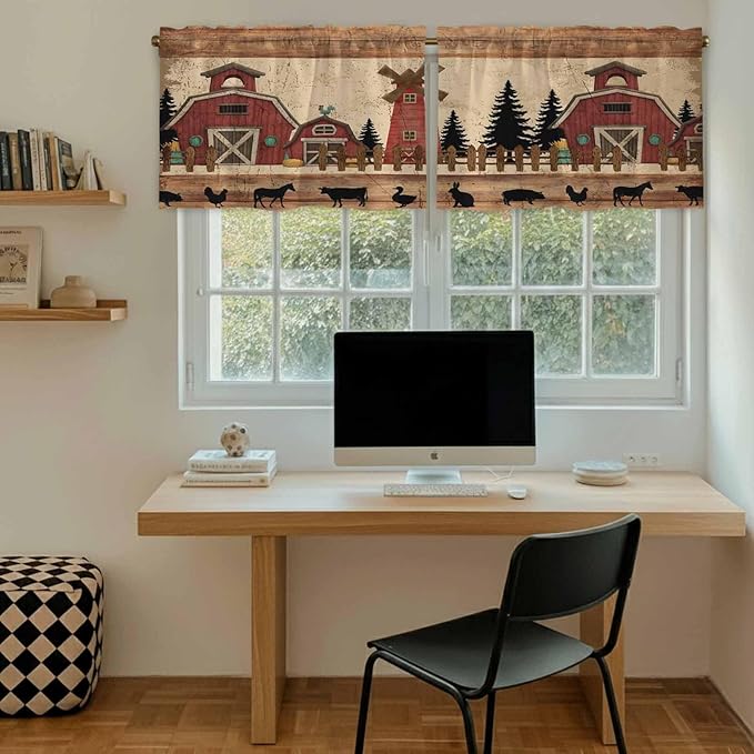 Brown Farmhouse Tier Curtains, Vintage Country Animals Wooden Grain Light Filtering Kitchen Curtains, 2Pcs Rod Pocket Half Window Treatments Panels for Sink Cafe Cabinet Camper 27.5x36 Inches