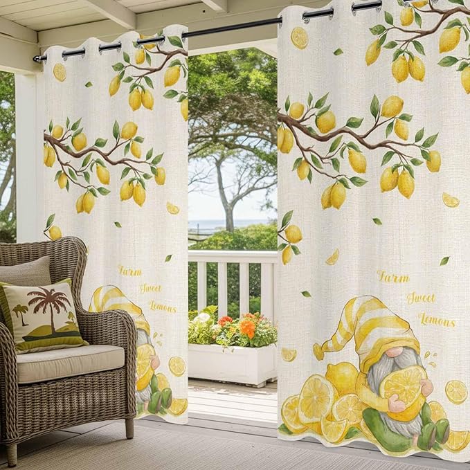 Summer Outdoor Curtains for Patio Lemon Gnome Leaf Linen Texture Waterproof Outside Curtains with Grommet Top Weatherproof Curtain for Cabana Pergola Gazebo, 1 Panel, 54" W x 108" L