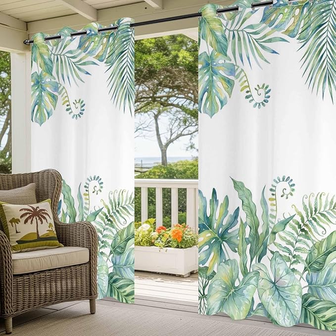 Leaves Outdoor Curtains for Patio Green Leaf Tropical Plants Farmhouse Pastoral Waterproof Outside Curtains with Grommet Top Weatherproof Curtain for Cabana Pergola Gazebo, 1 Panel, 54" W x 84" L