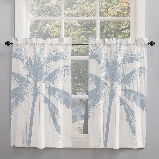 Summer Coconut Tree on Vintage Wood Grain Window Valance Curtains, Seaside Plants Light Filtering Kitchen Valance with 3-inch Rod Pocket for Living Room Bathroom Bedroom,2 Panel,42x45In