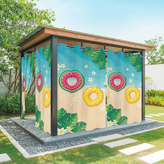 Summer Outdoor Curtains for Patio Plumeria Swimming Circles Ocean Beach Waterproof Outside Curtains with Grommet Top Weatherproof Curtain for Cabana Pergola Gazebo, 1 Panel, 54" W x 108" L