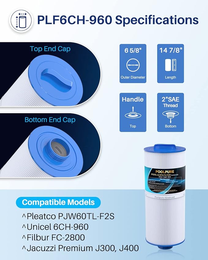 POOLPURE PLF6CH-960 Spa Filter Replaces PJW60TL-F2S, Jacuzzi Filters J-300, J400, Filbur FC-2800, 6540-476, 6540-383, Hot Tub Filter with Closed Handle(Not be Removed) 1PACK (Pack of 2)