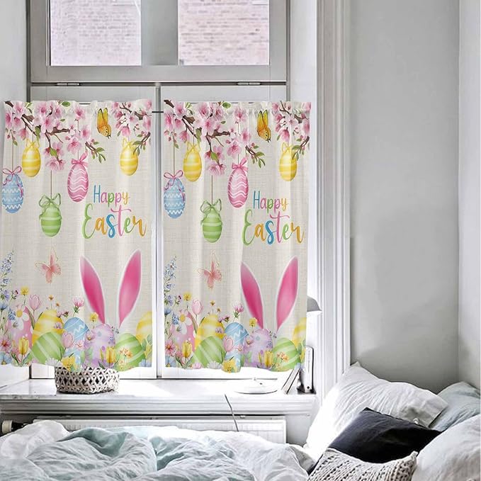 Happy Easter Tier Curtains 45 Inches Long, Spring Farmhouse Bunny Eggs Flower Beige Window Treatment Curtain Drapes, Small Curtain Drapes for Bathroom Laundry Room, 27.5"x45", 2 Panels