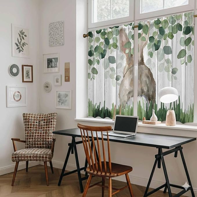 Easter Kitchen Curtains, Country Rabbit Botanical Leaves Wooden Grain Light Filtering Window Curtain Panels, 2Pcs Rod Pocket Window Treatments Set for Cabin Bathroom Bedroom 52x45 Inches