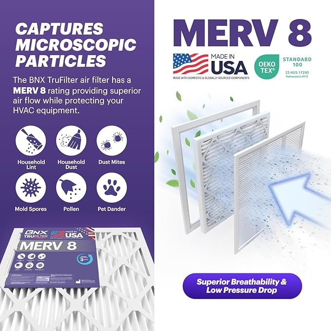 BNX TruFilter 16x25x2 Air Filter MERV 8 (4-Pack) - MADE IN USA – Dust & Pet Defense Electrostatic Pleated Air Conditioner HVAC AC Furnace Filters for Dust, Pet, Mold, Pollen MPR 600 – 700 & FPR 5