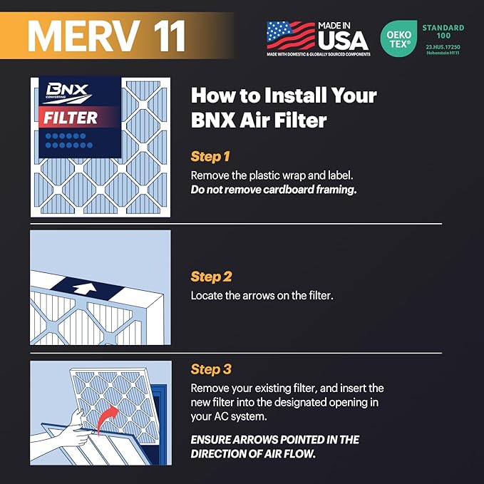 BNX 20x25x1 MERV 11 Air Filter 2 Pack - MADE IN USA - Electrostatic Pleated Air Conditioner HVAC AC Furnace Filters - Removes Dust, Mold, Pollen, Lint, Pet Dander, Smoke, Smog