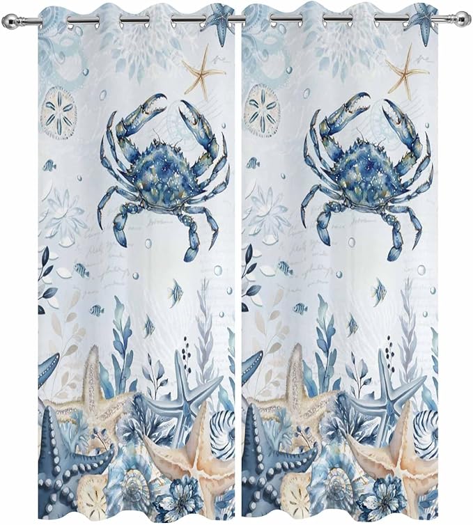 Oceans Outdoor Curtains for Patio Crabs Marine Life Shell Starfish Blue Waterproof Outside Curtains with Grommet Top Weatherproof Curtain for Cabana Pergola Gazebo, 2 Pack, 54" W x 95" L
