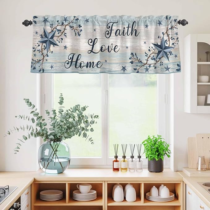 Vintage Farmhouse Kitchen Curtains Set 3 Piece for Windows, Rod Pocket Valance and Tier Set 36 Inch Length, Blue Country Texas Star Vines Wooden Light Filtering Cafe Curtains for Living Room Bathroom