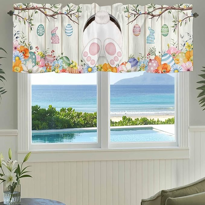 Easter Curtain Valances for Windows, Kitchen Valance Window Treatment, Spring Farmhouse Watercolor Bunny Eggs Wood Grain Light Filtering Block Curtains for Bathroom/Bedroom/Living Room 54'' x 18''