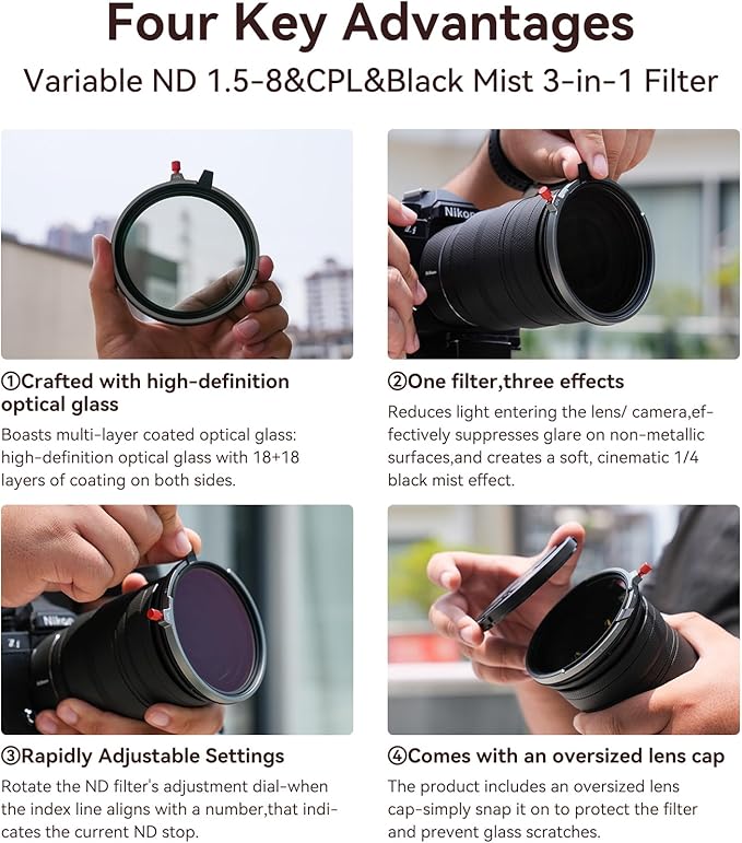 Kase 82mm Variable ND1.5-8 & CPL & Black Mist 3 in 1 Filter with 36 Multi-Coatings, Essential for Landscape & Vlog, Compatible with Canon Sony Nikon
