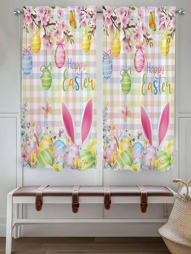 Happy Easter Living Room Curtains 72 Inches length, Spring Bunny Colorful Eggs Flower Plaid Window Treatment Curtain Drapes, Light Filtering Drapes for Bedroom Laundry Room, 52"x72", 2 Panels