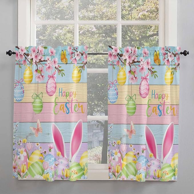 Colorful Easter Kitchen Curtains 45 Inches length, Spring Watercolor Bunny Egg Flower Wood Grain Window Treatment Curtain Drapes, Lightweight Window Panels for Living Room Bedroom, 52"x45", 2 Panels