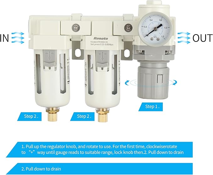 3/8" NPT Three Stage Air Drying System - 5 Micron Particulate Filter Air Pressure Regulator Combo - 0-125psi Gauge, Semi-Auto Drain, Metal Bracket