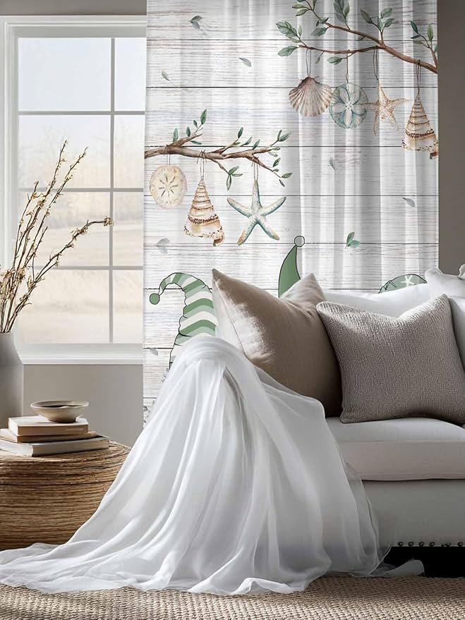 Sheer Curtains 63 Inch Length, Sage Green Gnomes Semi Sheer Curtains Light Filtering Window Treatment, Eucalypus Coastal Anchor Retro Wood Privacy Voile Drapes for Living Room Bedroom 52x63 Inch