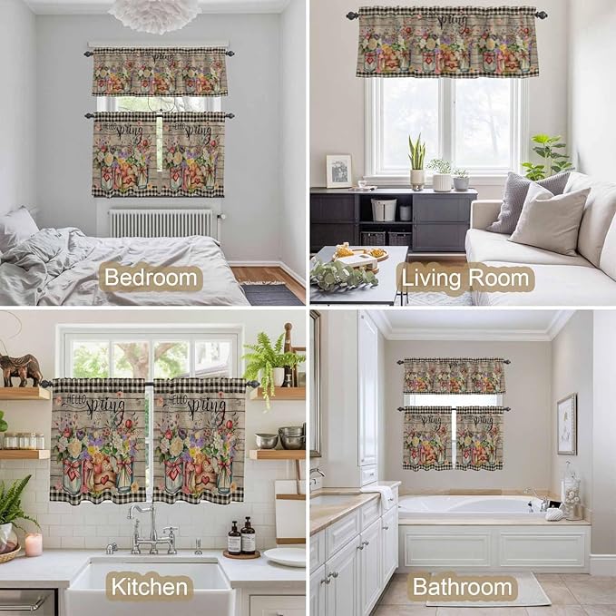 Kitchen Curtains Tiers and Valance Set of 3, Spring Flowers Light Filtering Window Curtain Set, Farmhouse Vintage Black Plaid Wood Grain Rod Pocket Curtain Drapes for Living Room, 24 Inches Tiers