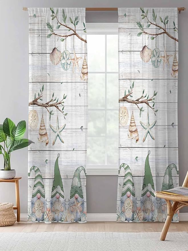 Sheer Curtains 84 Inches Long, Sage Green Gnomes Semi Sheer Curtains Light Filtering Window Treatment, Eucalypus Coastal Anchor Retro Wood Privacy Voile Drapes for Living Room Bedroom 52x84 Inch