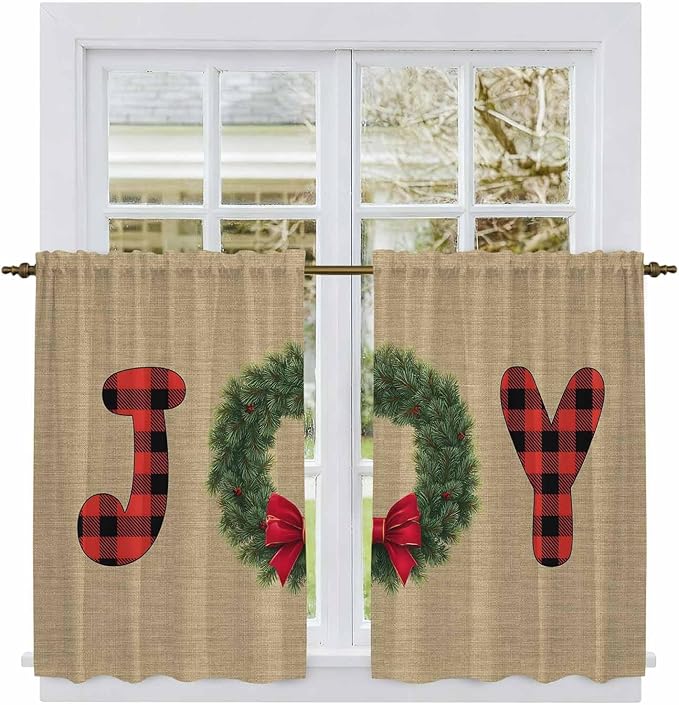 Red Green Christmas Kitchen Curtains 45 Inch Long 2 Panel Set, Rod Pocket Window Treatment, Xmas Botanical Winter Farmhouse Light Filtering Short Curtains & Drapes for Bathroom Laundry 52"W x 45"L
