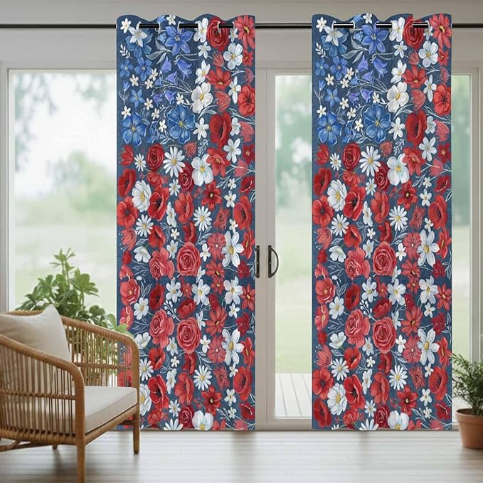 4th of July Outdoor Curtains for Patio Patriotic Flowers Farmhouse Red Waterproof Outside Curtains with Grommet Top Weatherproof Curtain for Cabana Pergola Gazebo, 1 Panel, 54" W x 108" L