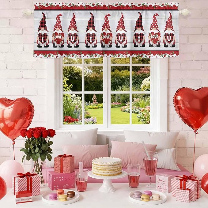 I Love U Valance Curtains for Kitchen, Valentine's Day Dwarf Romantic Wood Grain Privacy Rod Pocket Valance Curtain, Light-Filtering Window Treatment for Bedroom Bathroom, 60"x18"