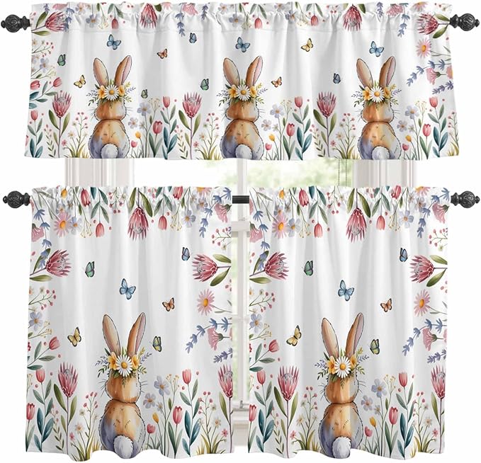 Kitchen Curtains Tiers and Valance Set of 3, Easter Light Filtering Window Curtain Set, Spring Flowers Wreath Rabbit Budding Florals Rod Pocket Curtain Drapes for Cafe, Living Room, 24 Inches Tiers