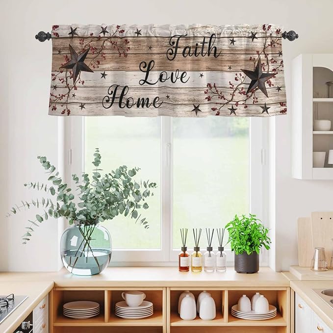 Kitchen Curtains Tiers and Valance Set of 3, Rustic Star Brown Light Filtering Window Curtain Set, Vintage Plants Berry Wooden Grain Rod Pocket Curtain Drapes for Cafe, Living Room, 36 Inches Tiers