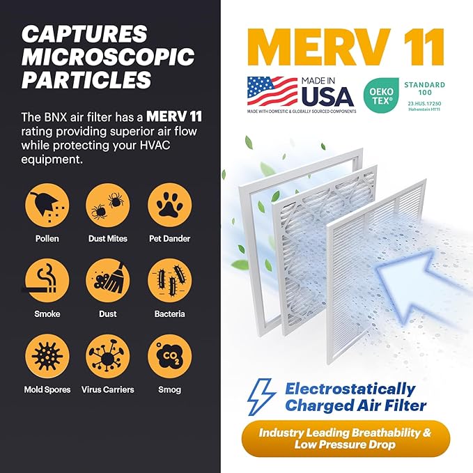 BNX 20x25x1 MERV 11 Air Filter 2 Pack - MADE IN USA - Electrostatic Pleated Air Conditioner HVAC AC Furnace Filters - Removes Dust, Mold, Pollen, Lint, Pet Dander, Smoke, Smog